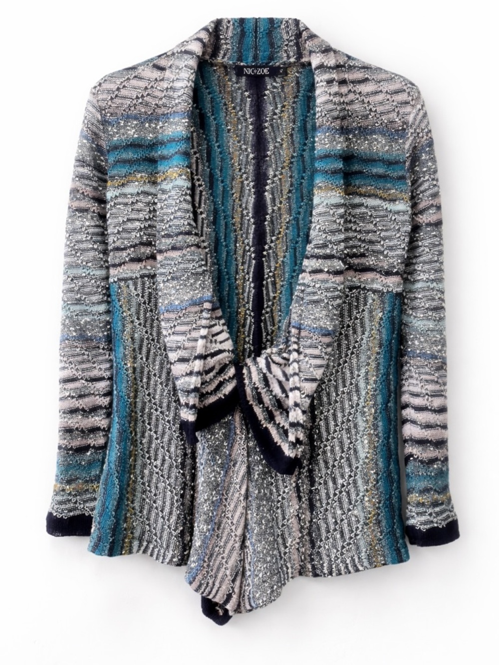 NIC+ZOE Blue Zig Zag Striped Open Front Linen Blend Cardigan Sz XS Lagenlook